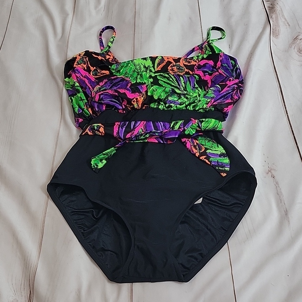 Vintage Robby Len Swimsuit One Pice 80s Style Tie Waist Belt size 14 Made in USA